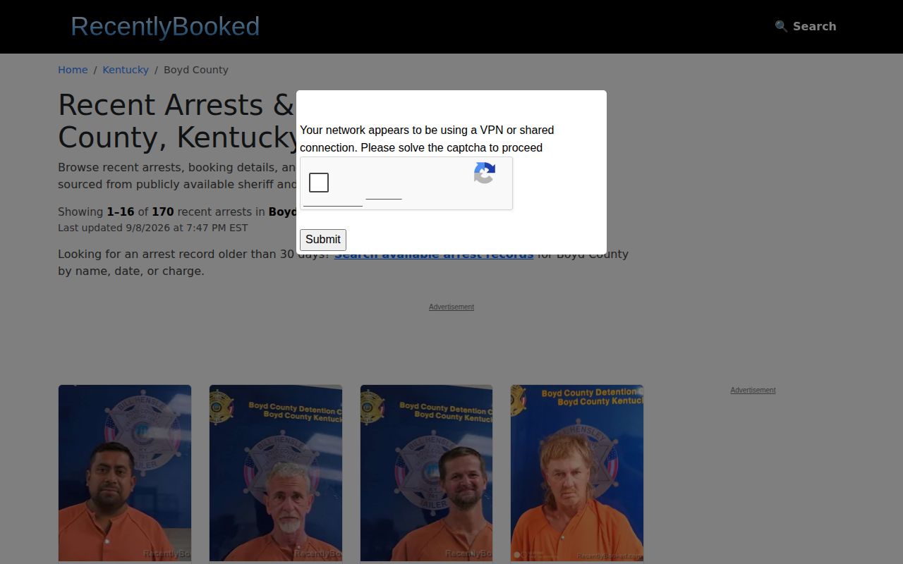 Unofficial RecentlyBooked Boyd County recent arrest page context