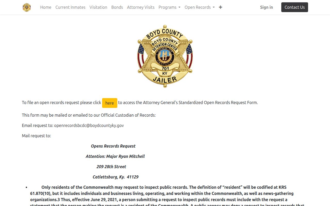 Boyd County Detention Center open records instructions