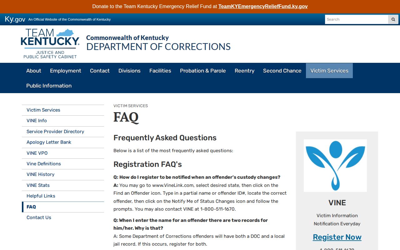 Kentucky VINE frequently asked questions about search and registration