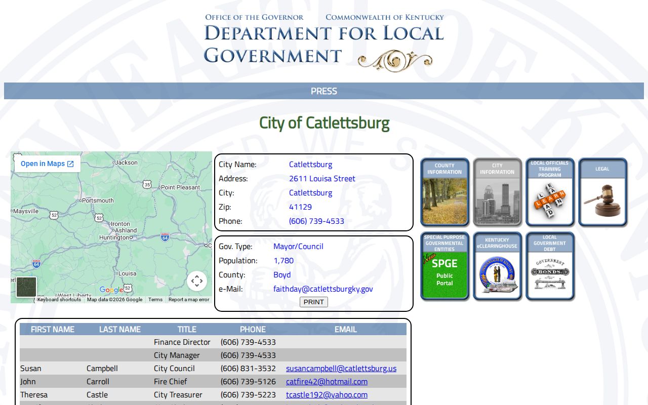 Official Kentucky City View fields for Catlettsburg population and police contact