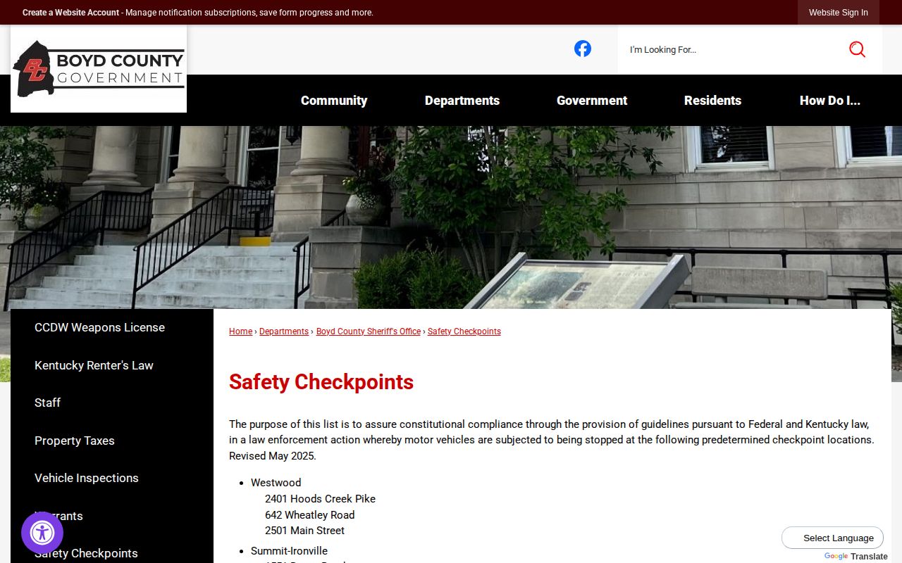Boyd County official safety checkpoint information page