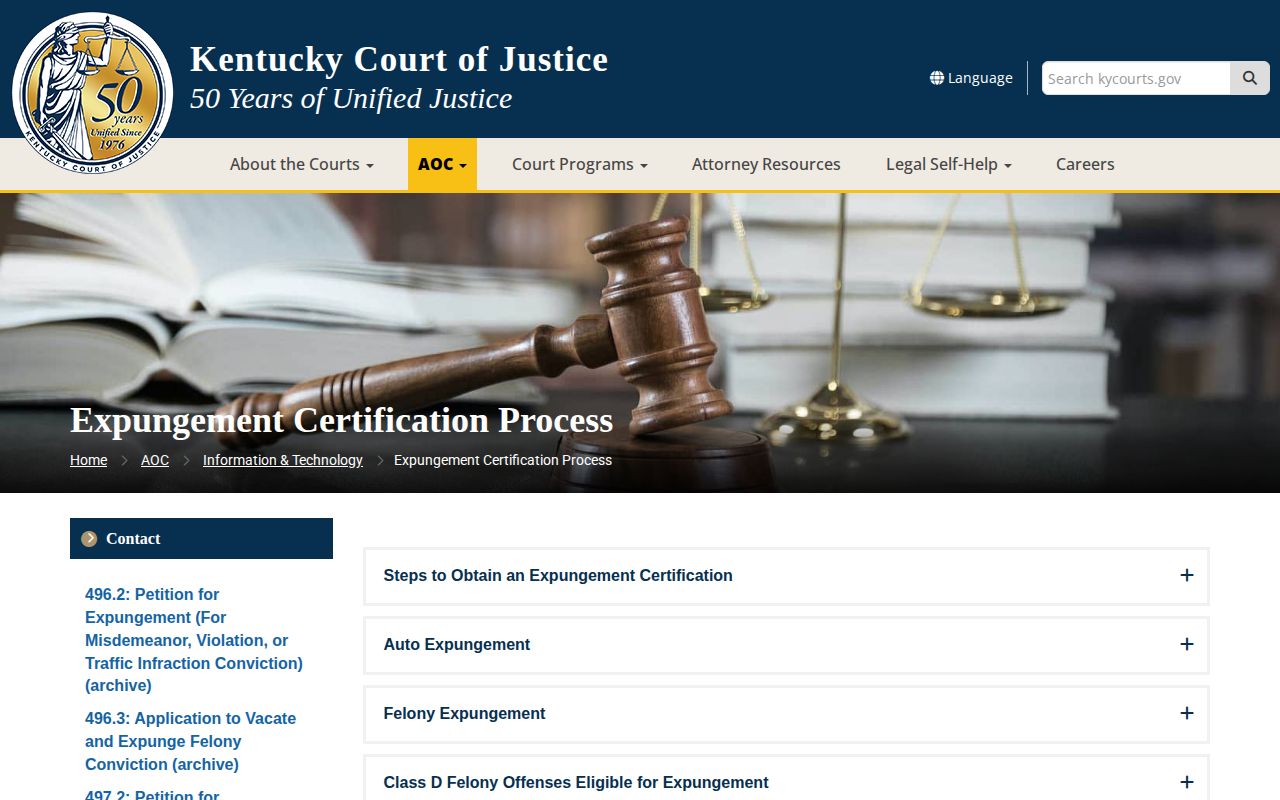 Kentucky Courts expungement information